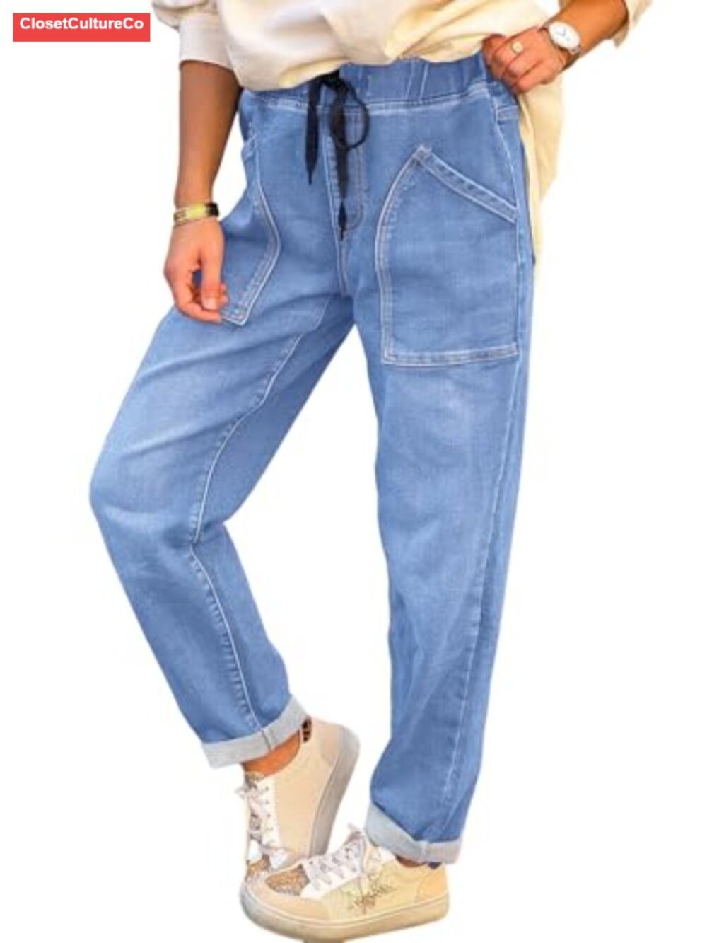 Women's Elastic Waist Drawstring Jeans Stretch Denim Straight Leg with Pockets